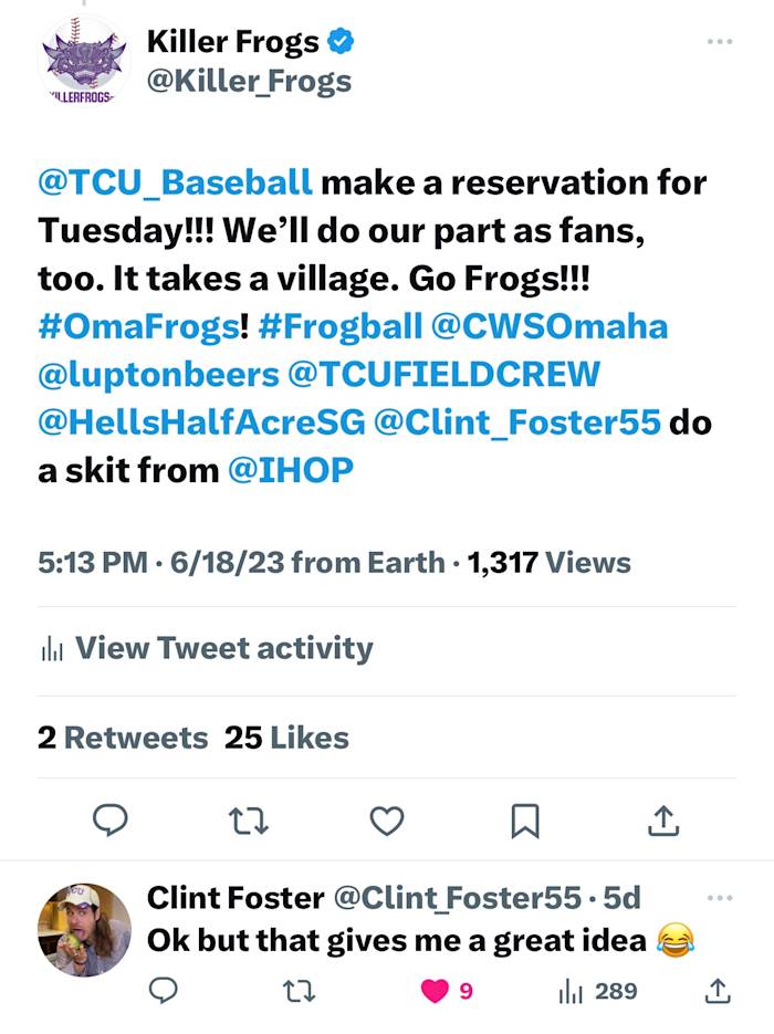 TCU baseball didn't have breakfast at iHop for game one of the College World Series. They won't make that mistake twice.